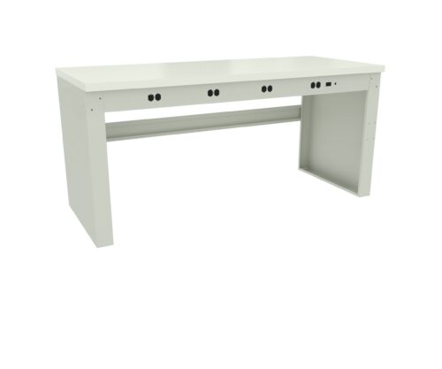 imunyfhpmyzgydhorn9z.jpg A white, minimalist desk with a smooth surface is shown. It features multiple circular cable management holes on the back panel. The desk has two sturdy side panels for support.