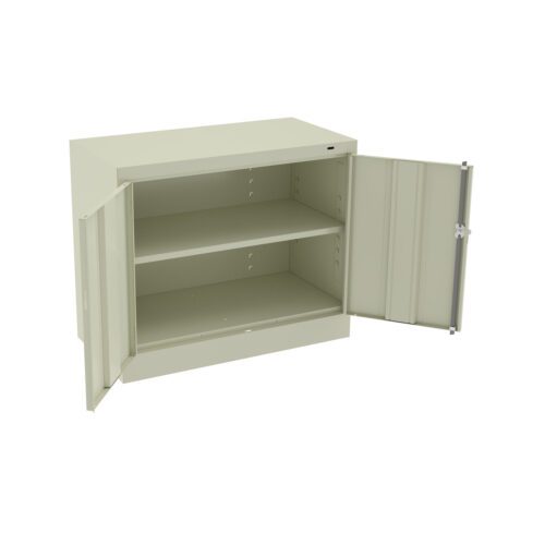 A light gray, metal cabinet with two doors open to reveal two shelves inside. The cabinet is empty and positioned against a white background.