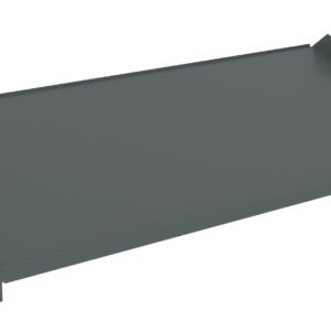 A flat, rectangular metal shelf tray with small upward-facing edges on two sides. The shelf is gray and designed to fit into a shelving unit, providing additional storage space.