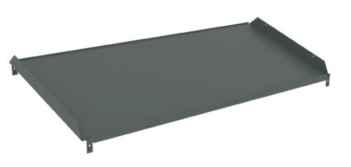 A flat, rectangular metal shelf tray with small upward-facing edges on two sides. The shelf is gray and designed to fit into a shelving unit, providing additional storage space.
