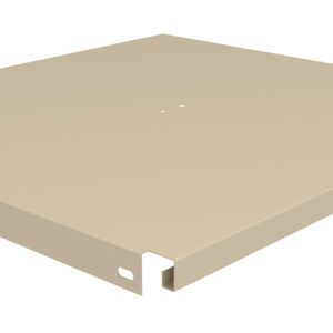 Beige rectangular metal panel with smooth edges, featuring a small, centered hole at the top. There is a curved handle underneath, positioned towards the left side.