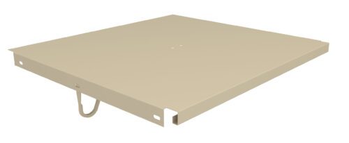 Beige rectangular metal panel with smooth edges, featuring a small, centered hole at the top. There is a curved handle underneath, positioned towards the left side.