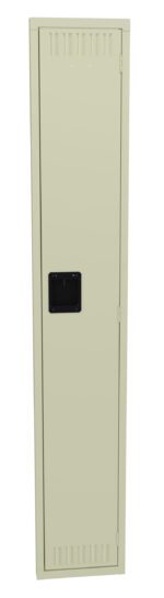 A tall, beige metal locker with a black handle in the center. The locker is closed and has ventilation slots near the top and bottom. The background is plain white.