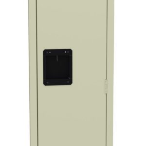 A tall, beige metal locker with a black handle in the center. The locker is closed and has ventilation slots near the top and bottom. The background is plain white.