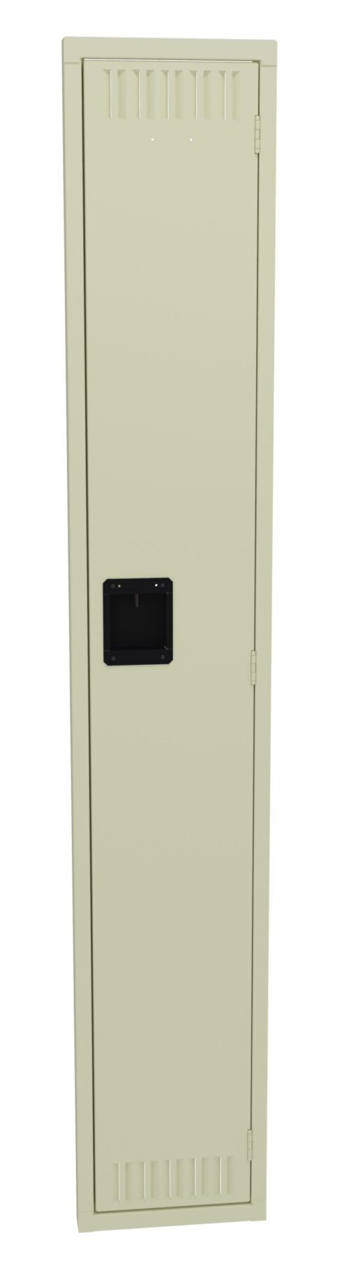 A tall, beige metal locker with a black handle in the center. The locker is closed and has ventilation slots near the top and bottom. The background is plain white.