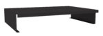 Black metal monitor stand with a minimalist design, featuring a flat top surface and two side supports, creating an elevated platform.