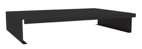 Black metal monitor stand with a minimalist design, featuring a flat top surface and two side supports, creating an elevated platform.