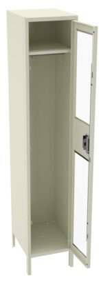 A beige metal locker stands with its door open. The locker has a single compartment, a shelf at the top, and a hook. The door features a locking mechanism and transparent panels.
