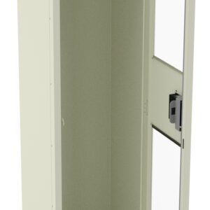 A beige metal locker stands with its door open. The locker has a single compartment, a shelf at the top, and a hook. The door features a locking mechanism and transparent panels.