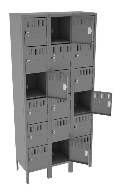 iouzk4w9klvekbqxgpzd.jpg A gray metal locker with three columns and four rows of compartments. Several doors are open, revealing the empty space inside. Each compartment has a small handle and ventilation slots on the front.
