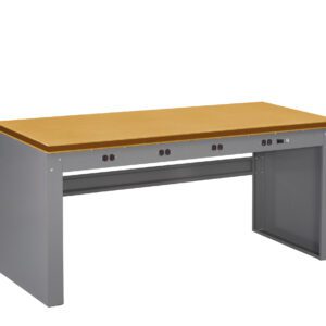 A rectangular workbench with a wooden top and a gray metal frame, featuring multiple electrical outlets along the front edge.