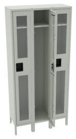 A gray metal locker with three compartments, each with a mesh panel door. The middle door is open, showing an internal shelf. The locker has black handles and is standing on four legs.