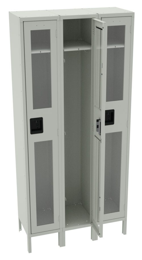 A gray metal locker with three compartments, each with a mesh panel door. The middle door is open, showing an internal shelf. The locker has black handles and is standing on four legs.