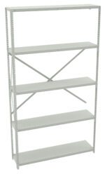A gray metal shelving unit with six adjustable shelves. The shelves are open and supported by vertical beams with holes for customization. The unit has a minimalist design, suitable for storage or organizing items.