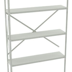 A gray metal shelving unit with six adjustable shelves. The shelves are open and supported by vertical beams with holes for customization. The unit has a minimalist design, suitable for storage or organizing items.