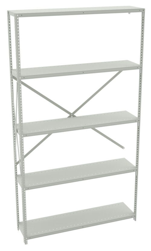 A gray metal shelving unit with six adjustable shelves. The shelves are open and supported by vertical beams with holes for customization. The unit has a minimalist design, suitable for storage or organizing items.