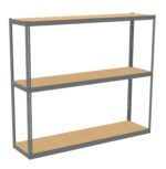 A metal-framed shelf with three wooden shelves, standing empty against a plain background. The shelves are evenly spaced and supported by a sturdy gray metal frame.