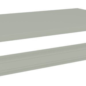 A light gray metal shelf panel and a matching support bracket are displayed on a white background. The shelf is flat and rectangular, while the bracket is elongated with holes for mounting.