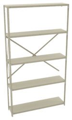 A tall, freestanding metal shelving unit with five adjustable shelves and an X-shaped support brace at the back. The shelves are a light grey color and are designed for storage.