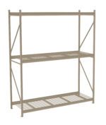 A metal storage rack with three wire shelves and a beige frame, designed for organizing and storing items, stands against a white background.