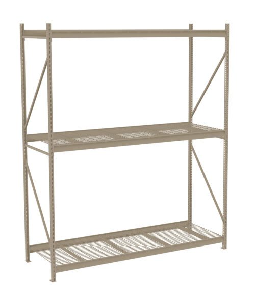 A metal storage rack with three wire shelves and a beige frame, designed for organizing and storing items, stands against a white background.