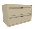 Two-drawer beige filing cabinet with sleek, modern design. The cabinet has a lock at the top center and horizontal handles on each drawer. Positioned at an angle, showing both drawers and the right side panel.