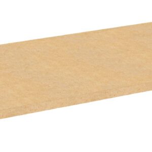 A plain rectangular sheet of medium-density fiberboard (MDF) with a smooth, light brown surface. The board is photographed against a white background, showing its uniform texture and thickness.