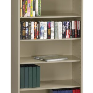 A tall, beige bookshelf with five shelves. The top three shelves hold rows of various books. The fourth shelf has a large closed binder. The bottom two shelves contain colorful binders and a stack of books.