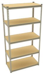A beige and metallic storage shelving unit with five evenly spaced shelves. The design is simple, with a sturdy frame and perforated posts for adjustable shelf heights. The shelves have a smooth, light-colored surface.