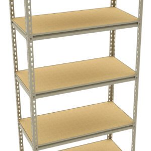 A beige and metallic storage shelving unit with five evenly spaced shelves. The design is simple, with a sturdy frame and perforated posts for adjustable shelf heights. The shelves have a smooth, light-colored surface.