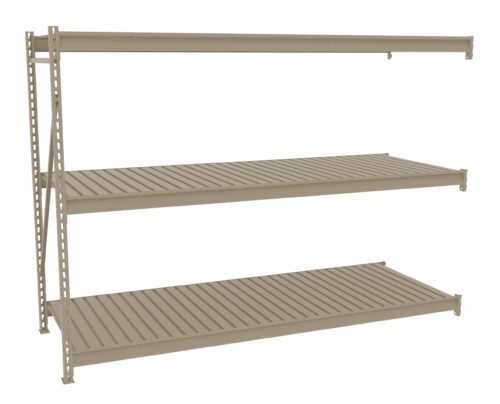 A beige, three-tiered metal shelving unit with adjustable shelves and perforated beams for support. The shelves are evenly spaced, suitable for storage in a garage or warehouse. The background is plain white.