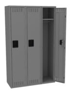 A gray metal locker with three compartments. The middle compartment door is open, revealing a hanging rod and a top shelf inside. The other two doors are closed. Black handles are on each door.