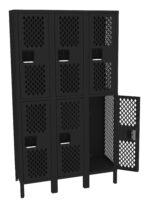 Black metal locker unit with six compartments arranged in two rows of three. Each door has a mesh pattern and a handle. The bottom right door is open, showing the empty interior.