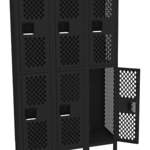 Black metal locker unit with six compartments arranged in two rows of three. Each door has a mesh pattern and a handle. The bottom right door is open, showing the empty interior.