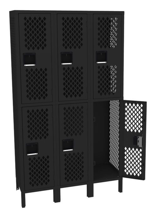 Black metal locker unit with six compartments arranged in two rows of three. Each door has a mesh pattern and a handle. The bottom right door is open, showing the empty interior.