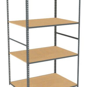 A metal-framed shelving unit with four wooden shelves. The unit is standing upright and empty, with a simple design suitable for storage and organization in various settings like garages, warehouses, or homes.