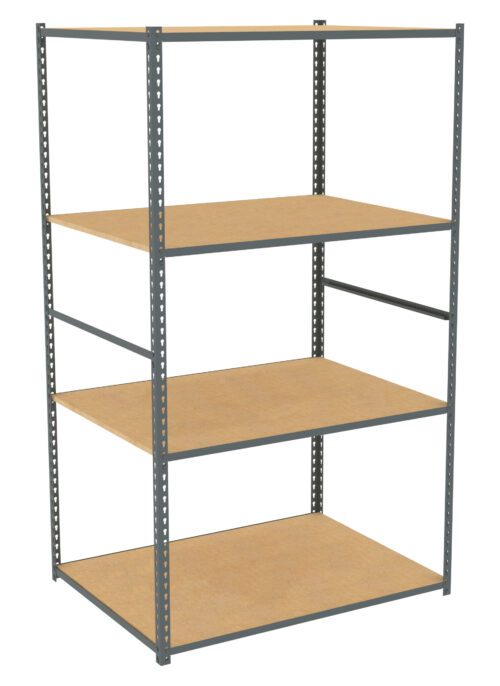 A metal-framed shelving unit with four wooden shelves. The unit is standing upright and empty, with a simple design suitable for storage and organization in various settings like garages, warehouses, or homes.
