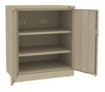 A beige metal storage cabinet with two open doors revealing three shelves. The cabinet is empty and has a simple design, suitable for organizing materials or supplies.