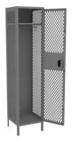 A gray metal locker with a vented, grid-like design on the door and sides. The door is open, revealing an empty interior with a single shelf and hanging rod. The locker stands on four short legs.