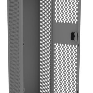 A gray metal locker with a vented, grid-like design on the door and sides. The door is open, revealing an empty interior with a single shelf and hanging rod. The locker stands on four short legs.