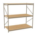 A three-tier, metal-framed shelving unit with wooden shelves, suitable for storage or organization. The structure is gray with diagonal support beams on the sides, standing isolated against a plain white background.