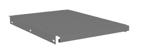 Image shows a flat, rectangular metal shelf in gray. It has a smooth surface with perforated edges, featuring holes for mounting or securing. The shelf is angled slightly downward from the top left to the bottom right.