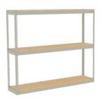A three-tier, freestanding metal shelving unit with wooden shelves. The frame is metallic, with perforated edges, and the shelves are evenly spaced. The unit is empty and set against a white background.