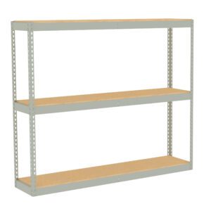 A three-tier, freestanding metal shelving unit with wooden shelves. The frame is metallic, with perforated edges, and the shelves are evenly spaced. The unit is empty and set against a white background.