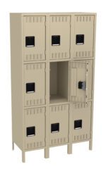 A beige, three-tier locker unit with nine compartments. One door in the middle row is open, revealing an empty interior. The lockers have black rectangular handles and ventilation slots.