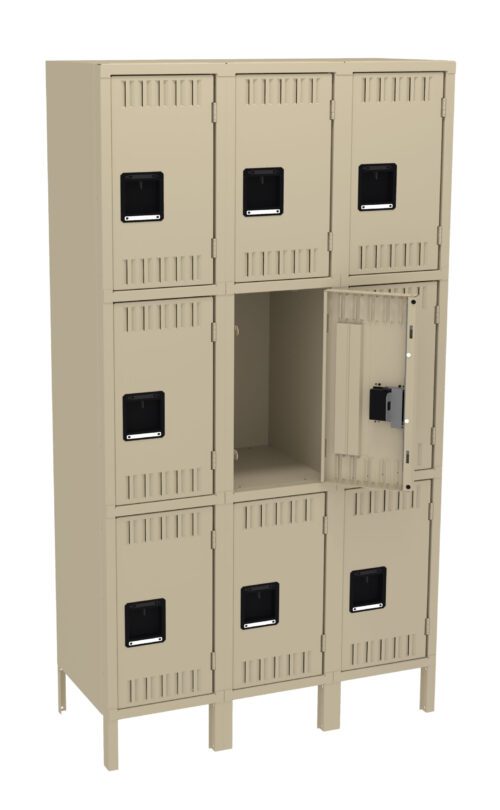 A beige, three-tier locker unit with nine compartments. One door in the middle row is open, revealing an empty interior. The lockers have black rectangular handles and ventilation slots.