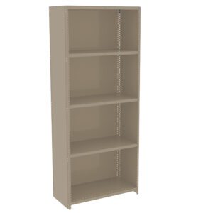 A tall, beige metal shelving unit with five shelves. It has a simple, industrial design with perforated sides for adjustable shelving. The shelves are evenly spaced, suitable for storage or organization.