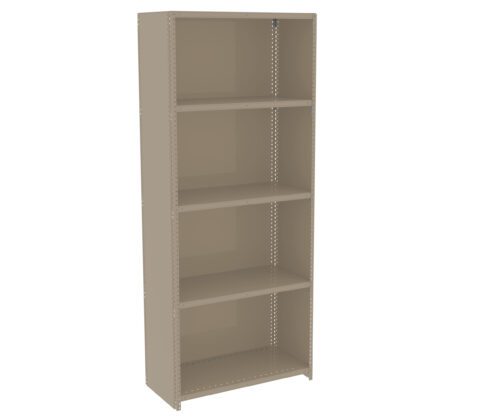 ithb2n5youwd3ziwdowh.jpg A tall, beige metal shelving unit with five shelves. It has a simple, industrial design with perforated sides for adjustable shelving. The shelves are evenly spaced, suitable for storage or organization.