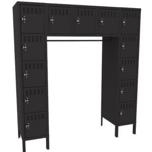 A black, U-shaped locker unit with multiple small compartments. It features vertical and horizontal rows of lockers, each with a ventilation pattern and a keyhole for locking. The structure is freestanding, with legs for support.