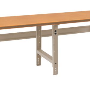 A long workbench with a light brown wooden top and adjustable metallic gray legs. The simple, sturdy design is suitable for workshops or garages.